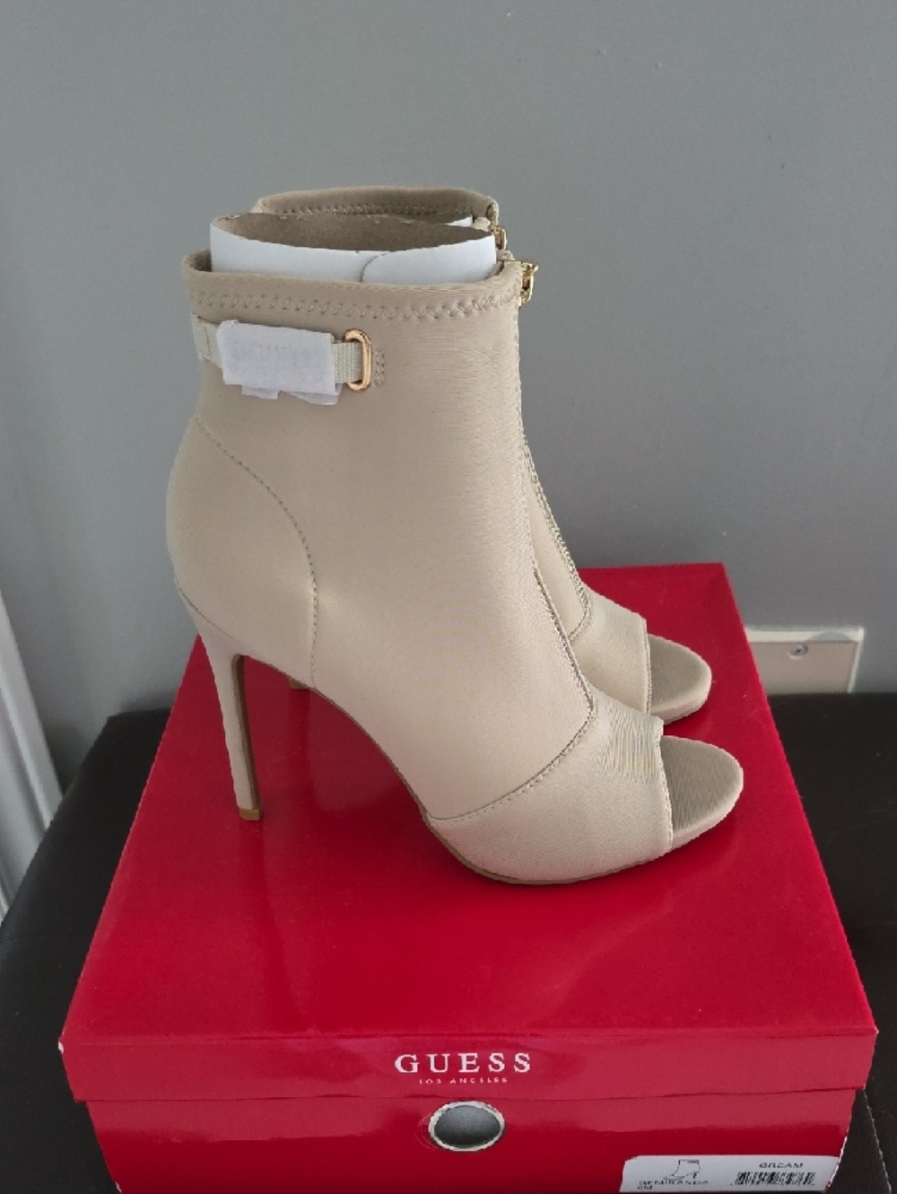 Guess Beige Peep-Toe Front-Zip Heeled Booties - Picture 2 of 6